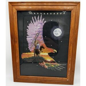 VTG. Cross Stitch Spirit Of The Eagle Native Framed & Matted Picture EUC A12